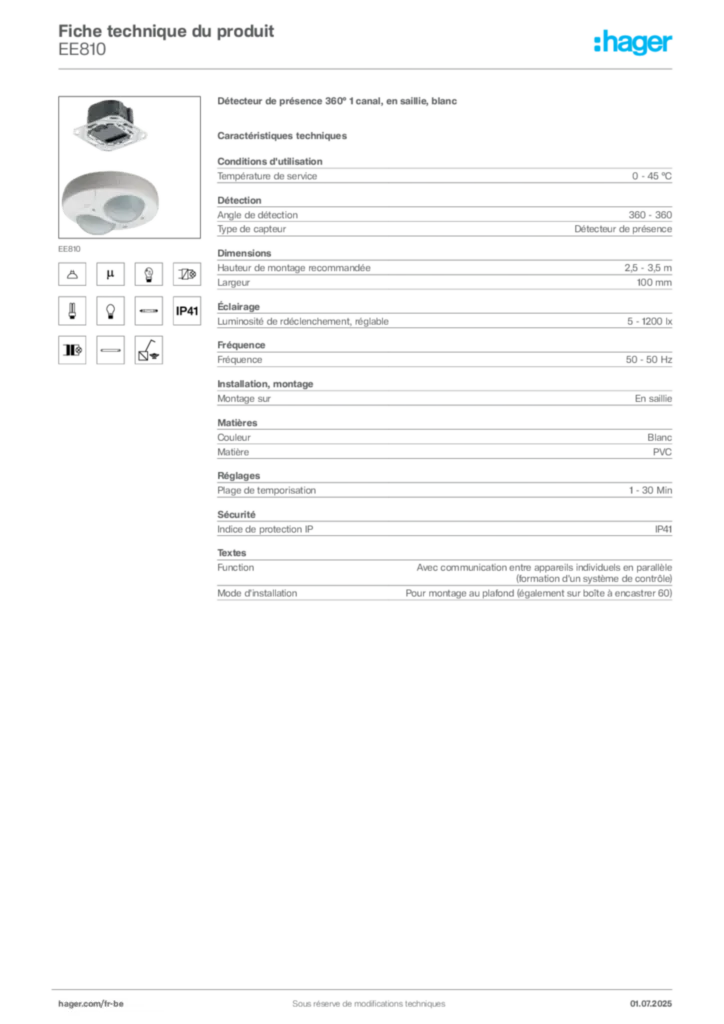 Image Hager Fiche technique du produit EE810 | Hager Belgique