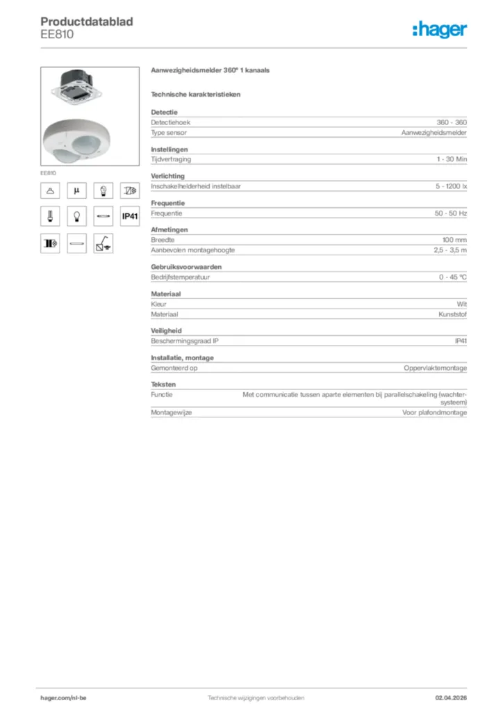 Afbeelding Hager Productdatablad EE810 | Hager Belgium