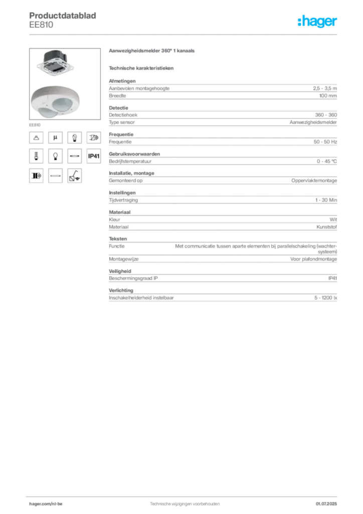 Afbeelding Hager Productdatablad EE810 | Hager Belgium