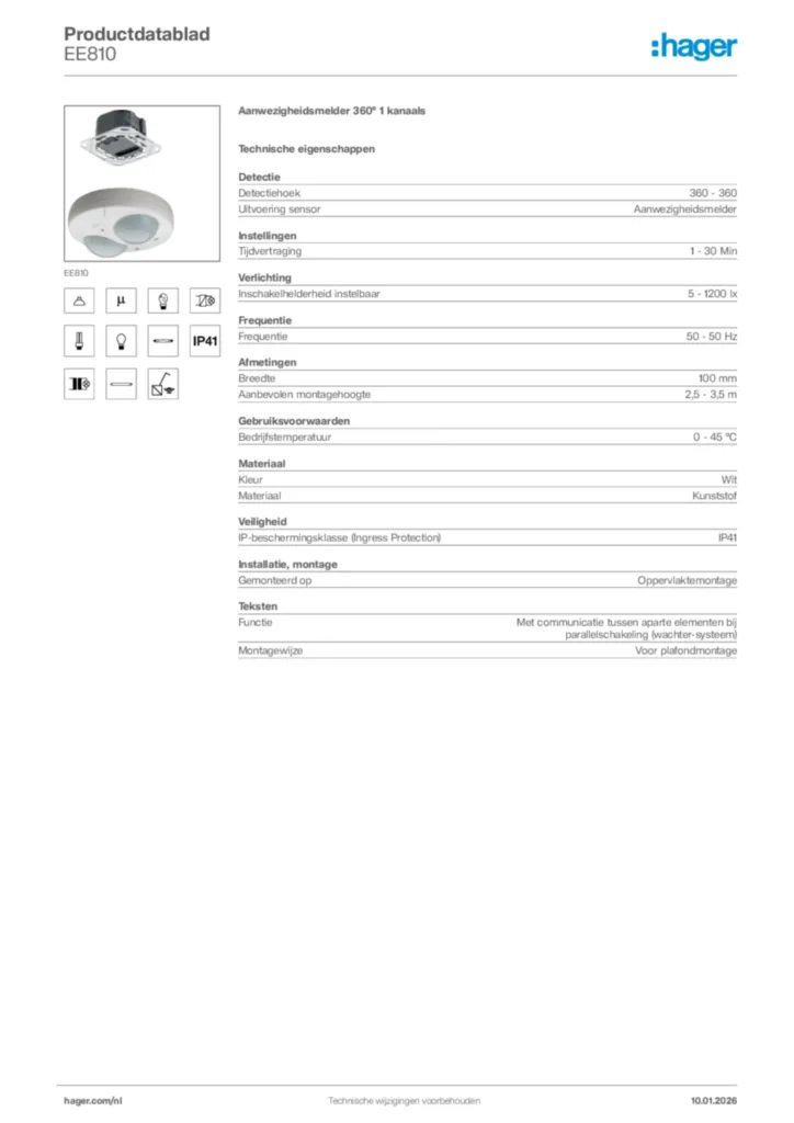 Afbeelding Hager Productdatablad EE810 | Hager Nederland