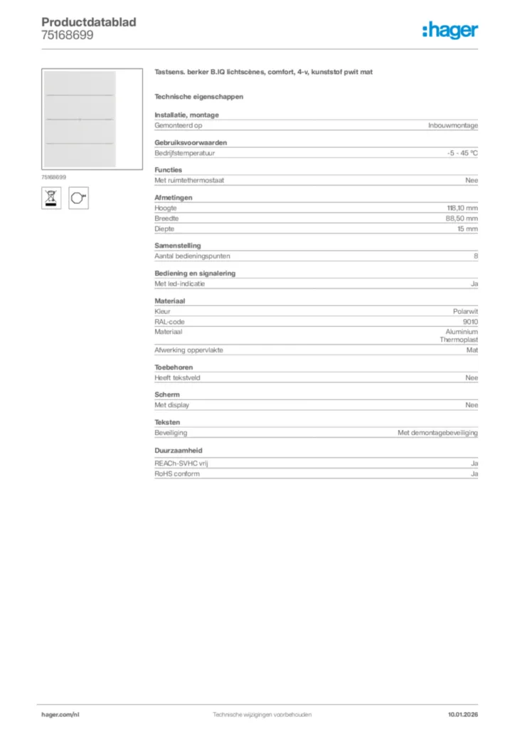 Afbeelding Hager Productdatablad 75168699 | Hager Nederland