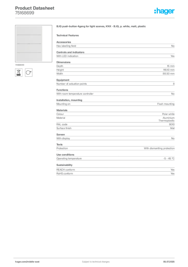 Image Hager Product data sheet 75168699  | Hager