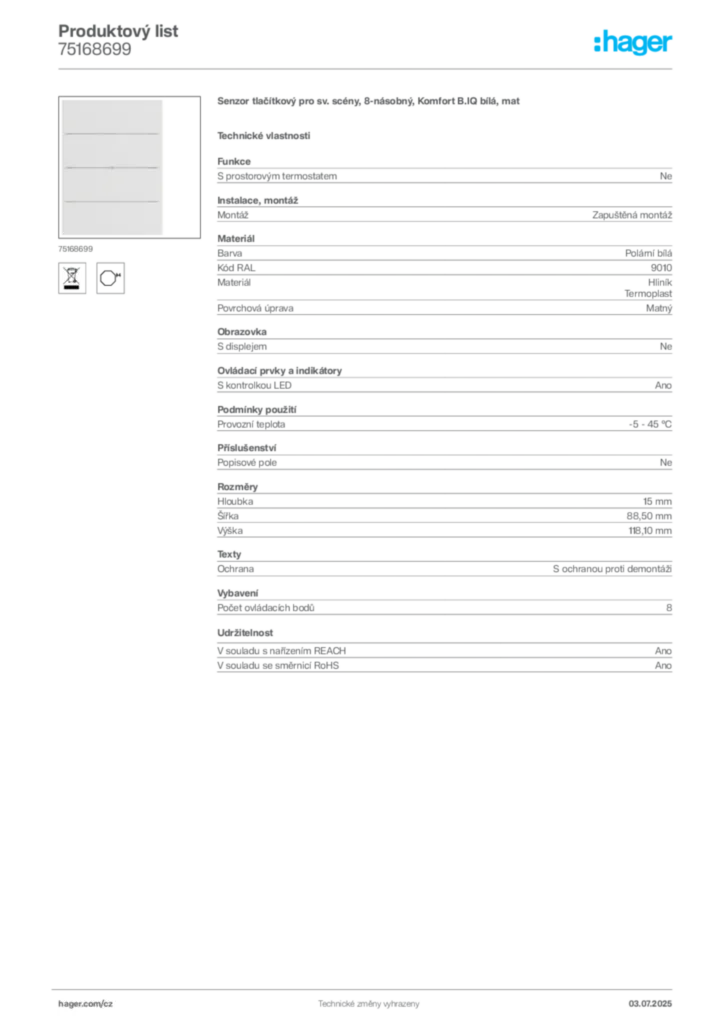 Obrázek Hager Produktový list 75168699 | Hager