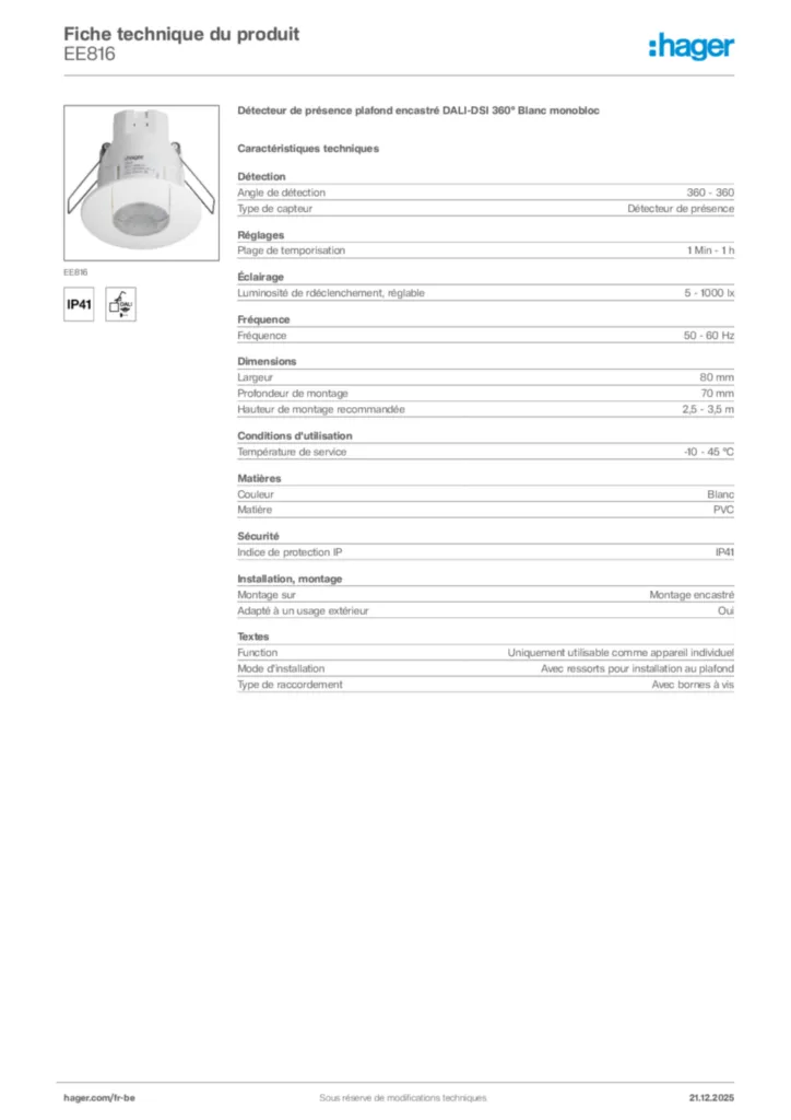 Image Hager Fiche technique du produit EE816 | Hager Belgique