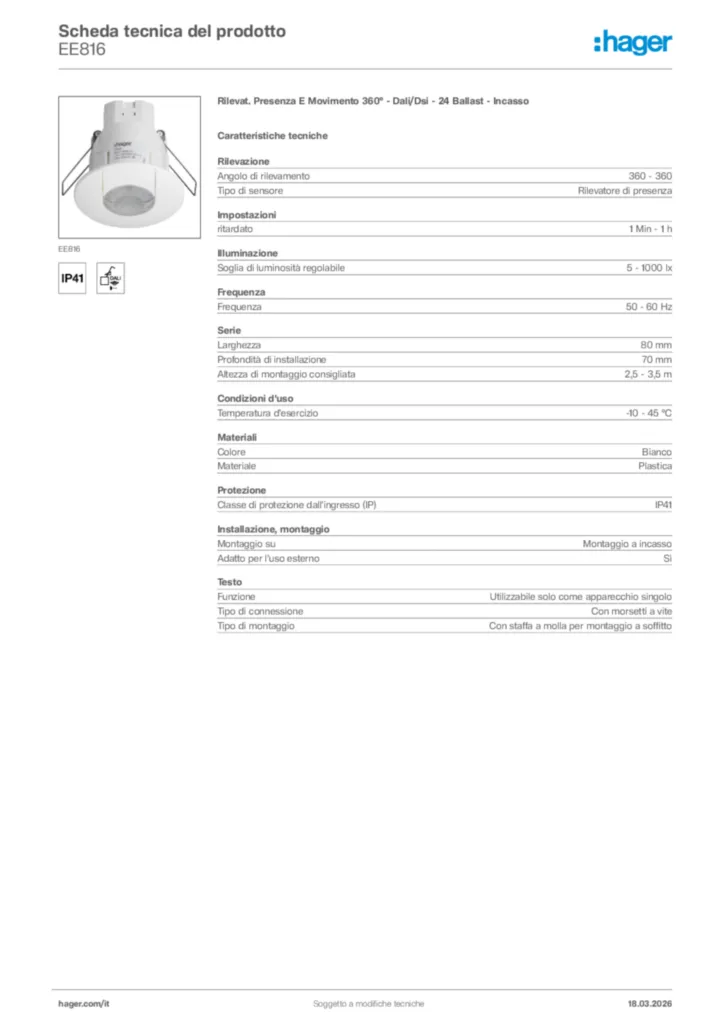 Immagine Hager Scheda tecnica del prodotto EE816 | Hager Italia