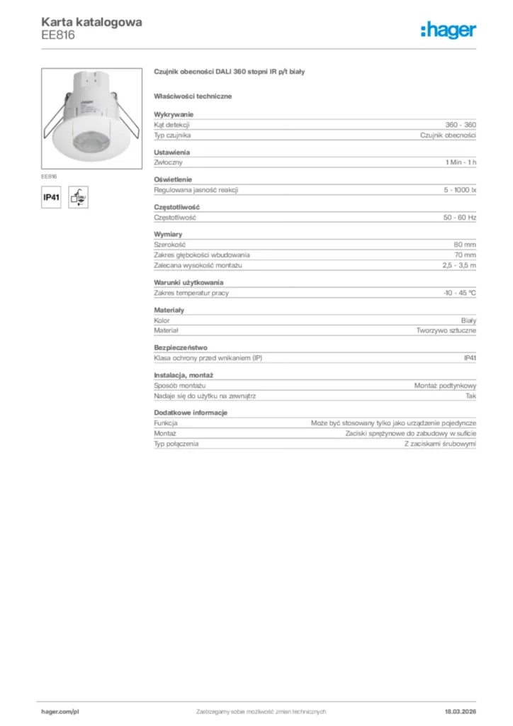 Zdjęcie Hager Karta katalogowa EE816 | Hager Polska