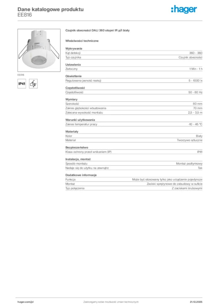 Zdjęcie Hager Dane katalogowe produktu EE816 | Hager Polska