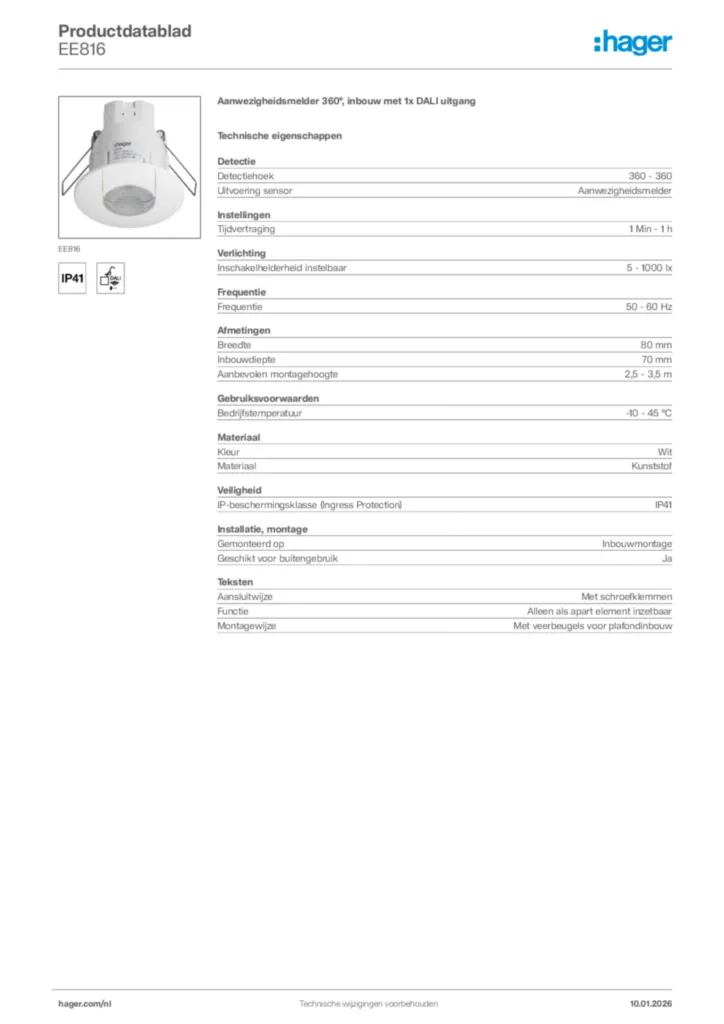 Afbeelding Hager Productdatablad EE816 | Hager Nederland