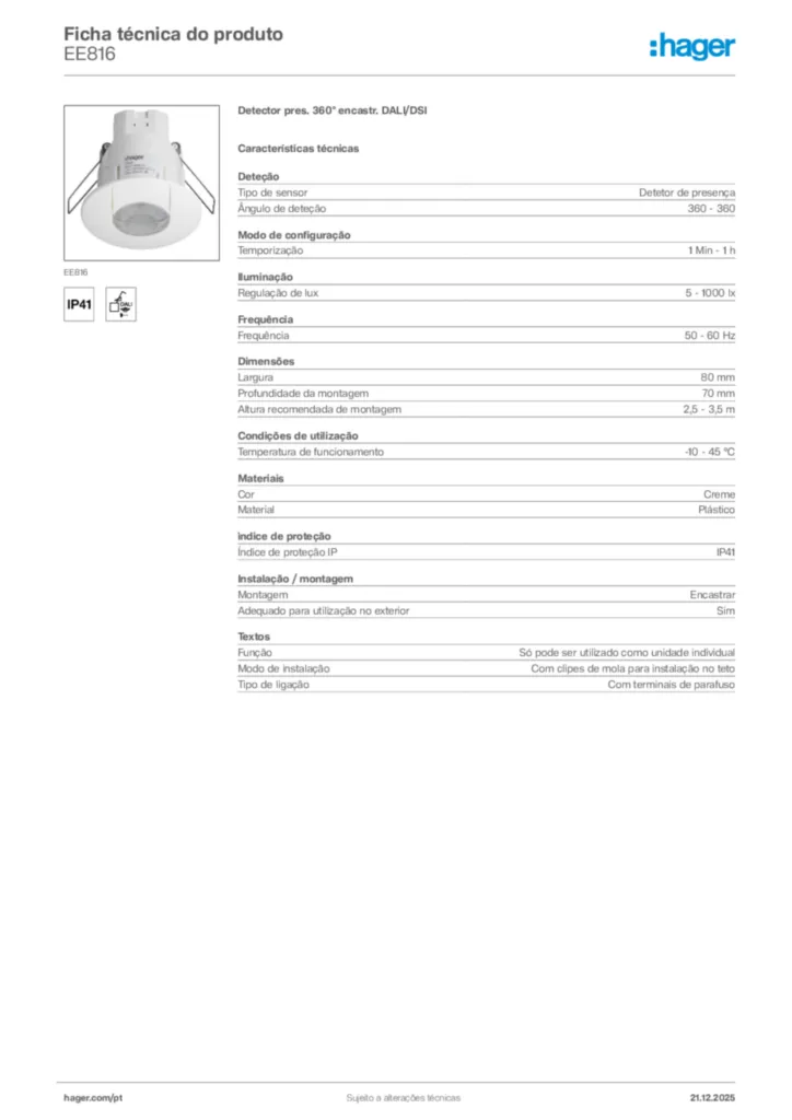 Imagem Hager Ficha técnica do produto EE816 | Hager Portugal