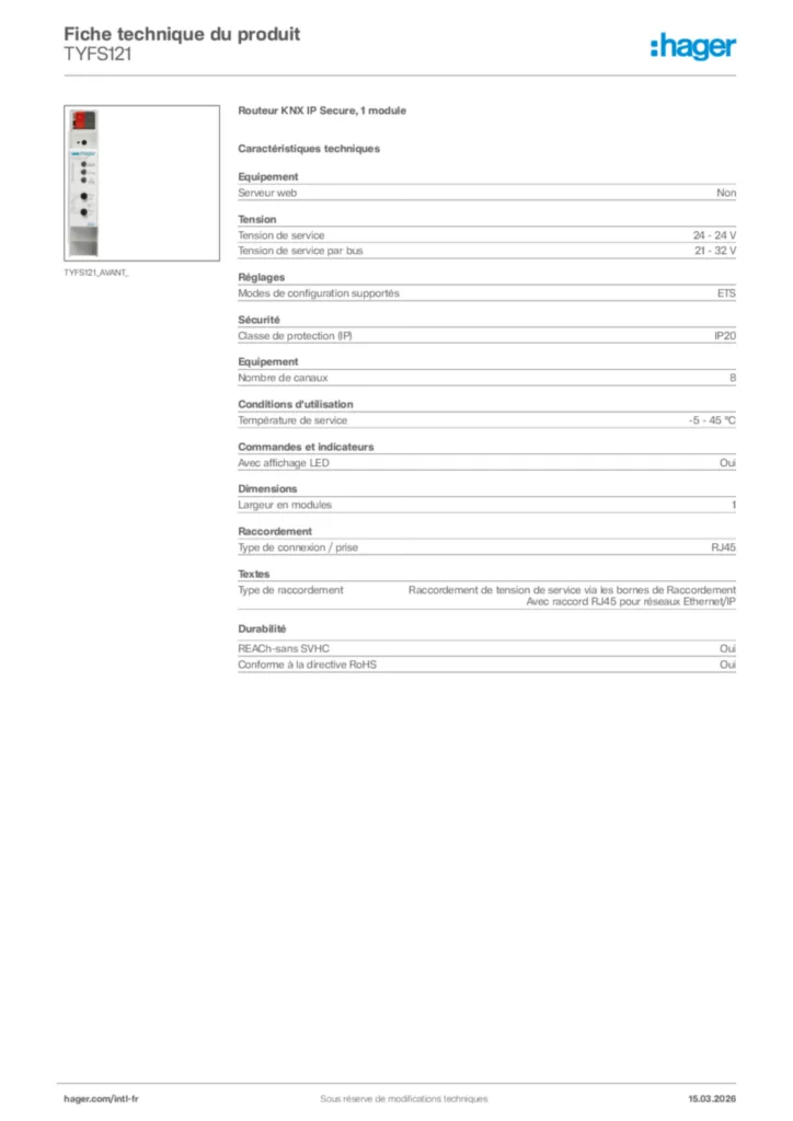 Image Hager Fiche technique du produit TYFS121 | Hager Afrique