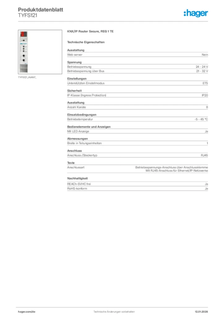Bild Hager Produktdatenblatt TYFS121 | Hager Deutschland