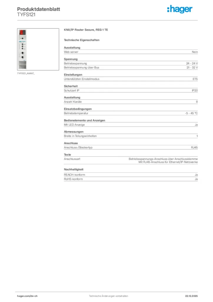 Bild Hager Produktdatenblatt TYFS121 | Hager Schweiz