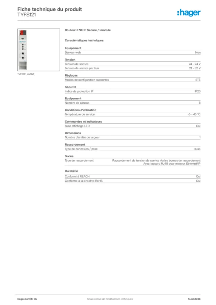Image Hager Fiche technique du produit TYFS121 | Hager Suisse