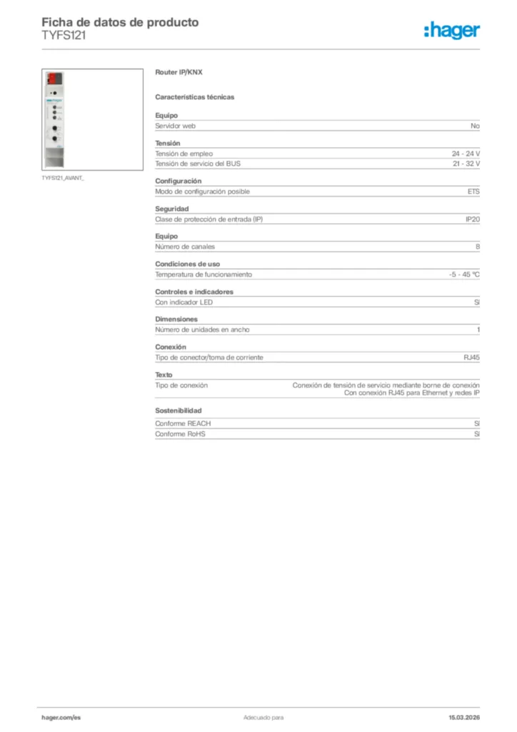 Imagen Hager Ficha de datos de producto TYFS121 | Hager España