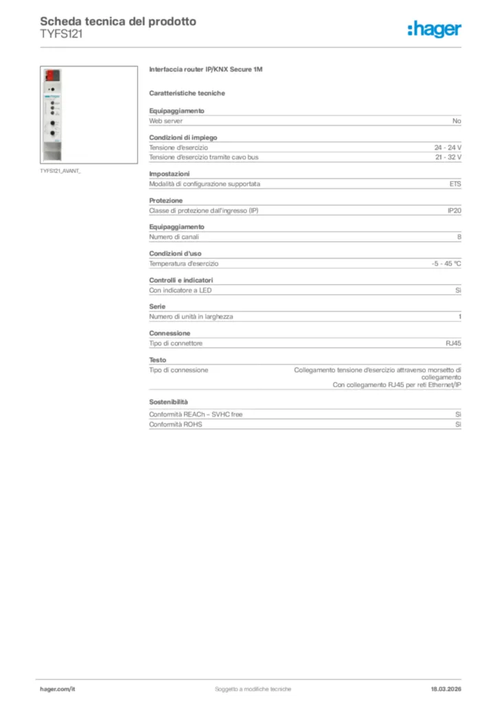 Immagine Hager Scheda tecnica del prodotto TYFS121 | Hager Italia