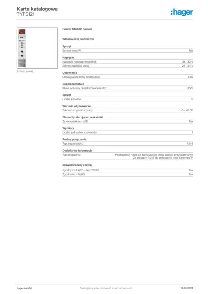 Zdjęcie Hager Karta katalogowa TYFS121 | Hager Polska