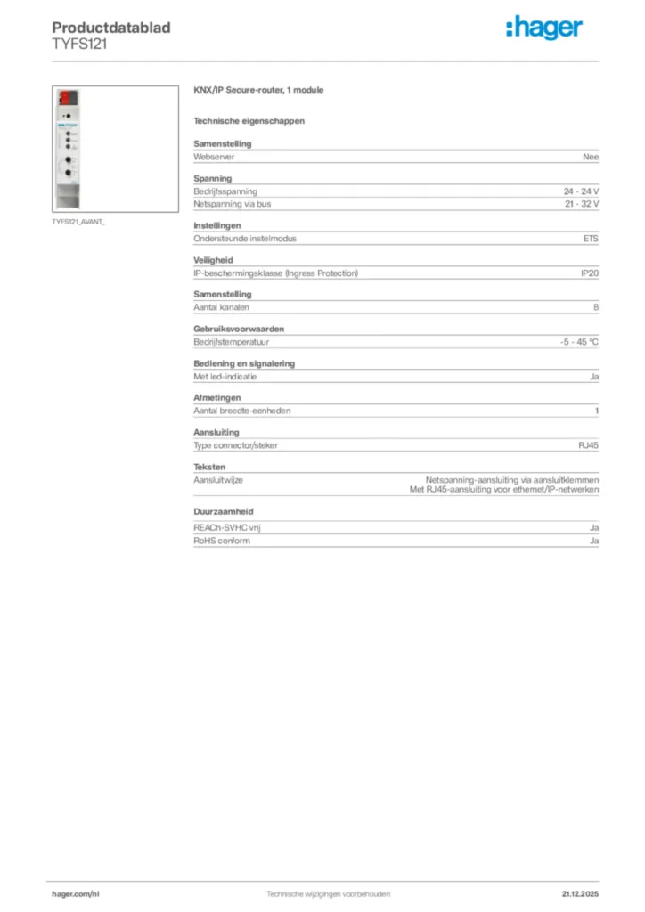 Afbeelding Hager Productdatablad TYFS121 | Hager Nederland