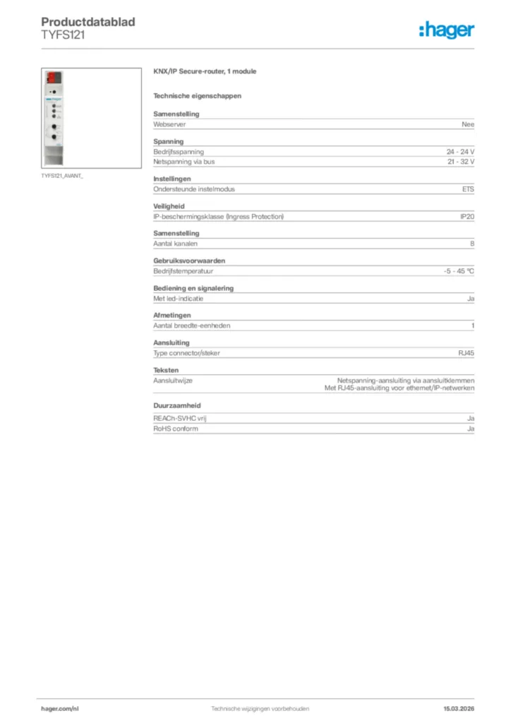 Afbeelding Hager Productdatablad TYFS121 | Hager Nederland
