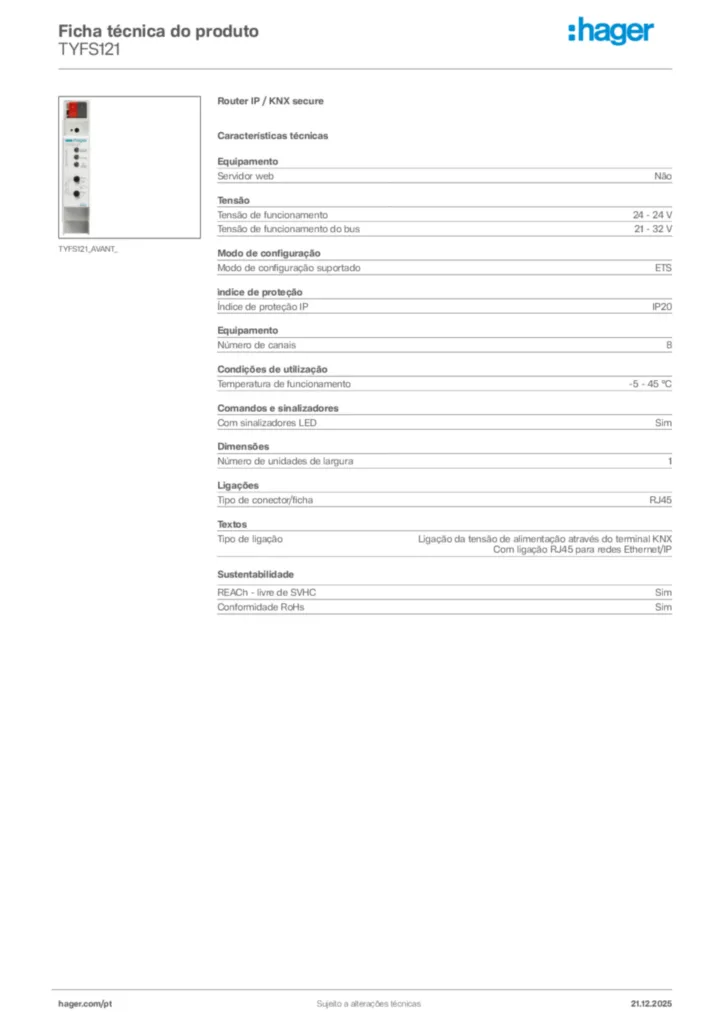 Imagem Hager Ficha técnica do produto TYFS121 | Hager Portugal