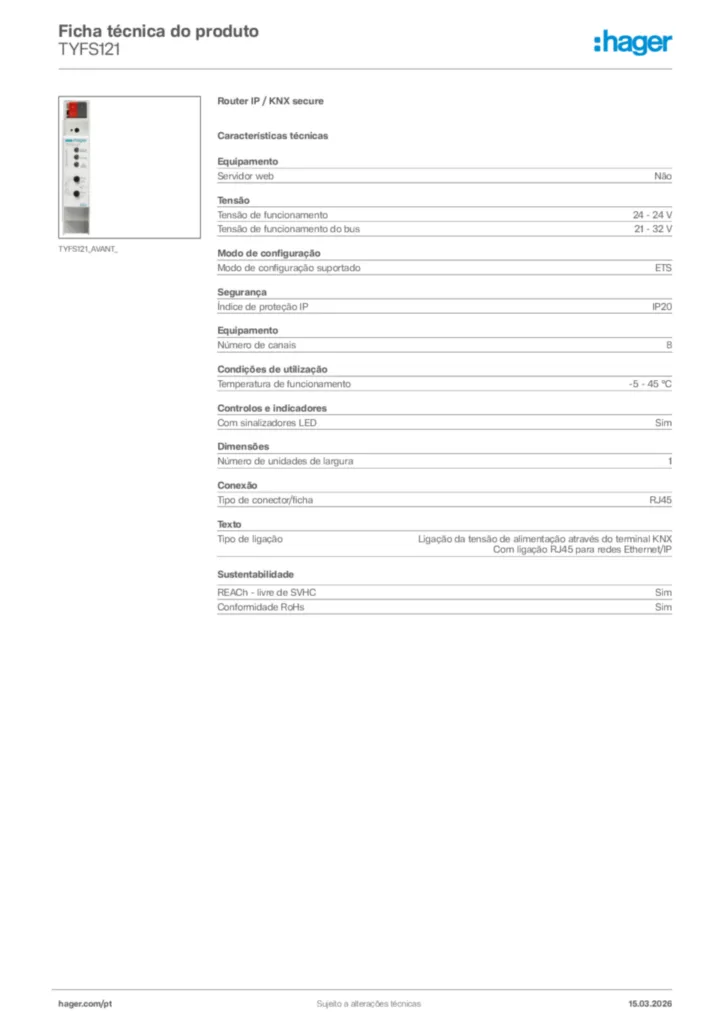 Imagem Hager Ficha técnica do produto TYFS121 | Hager Portugal