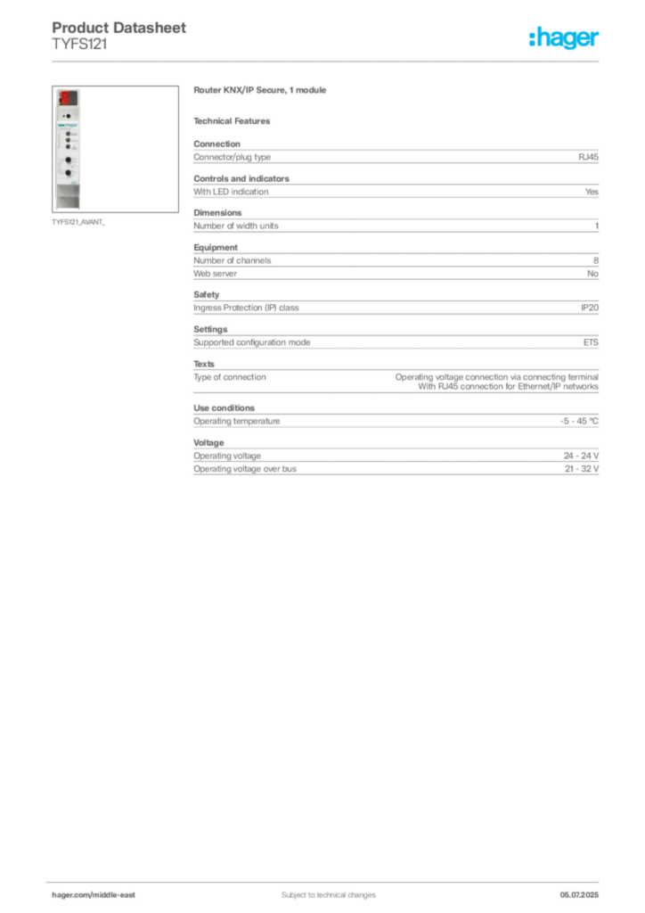 Image Hager Product data sheet TYFS121  | Hager
