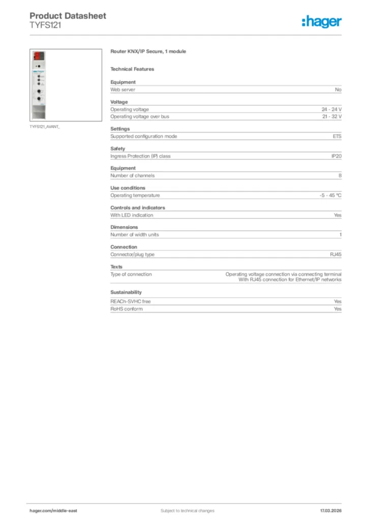 Image Hager Product data sheet TYFS121  | Hager