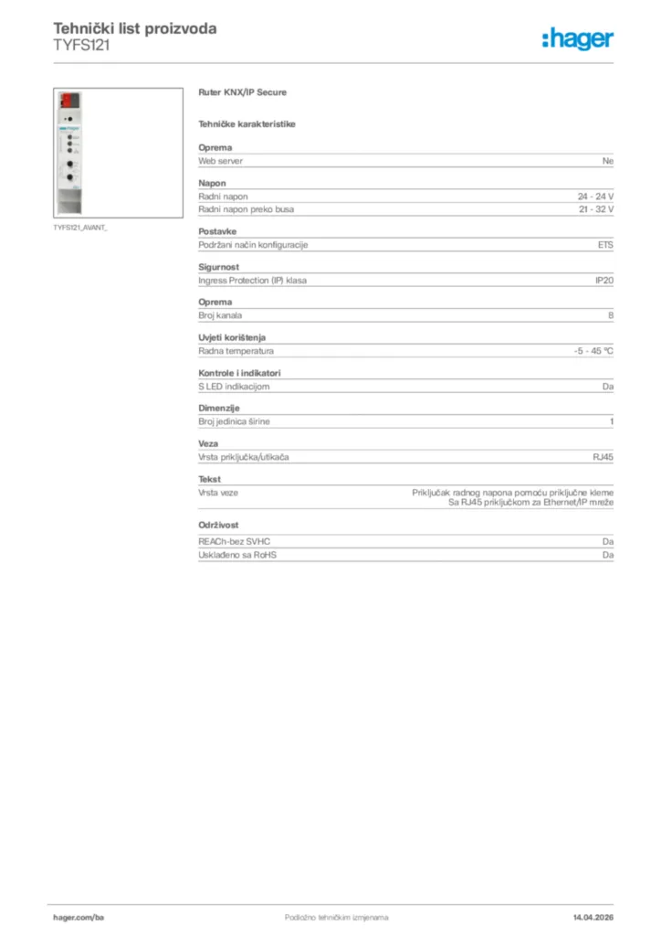Slika Hager Tehnički list proizvoda TYFS121  | Hager