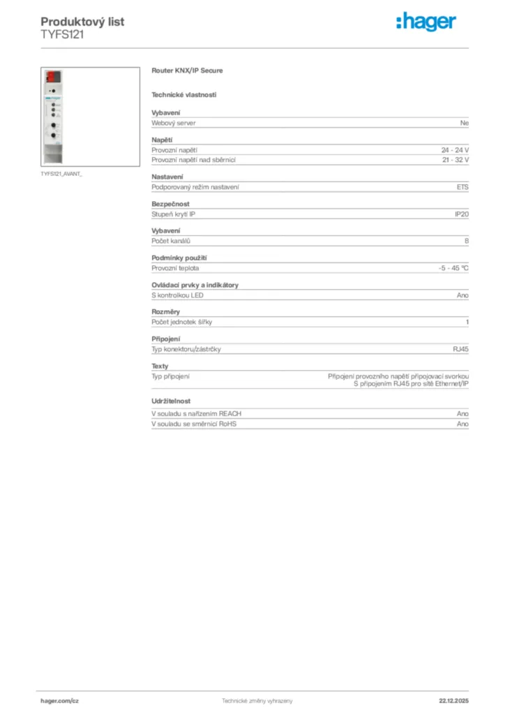 Obrázek Hager Product data sheet TYFS121 | Hager