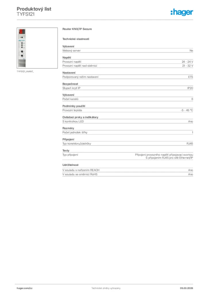 Obrázek Hager Product data sheet TYFS121 | Hager