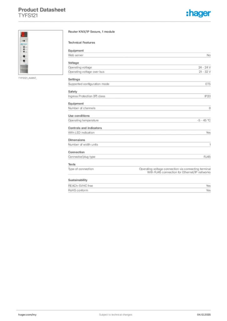 Image Hager Product data sheet TYFS121  | Hager