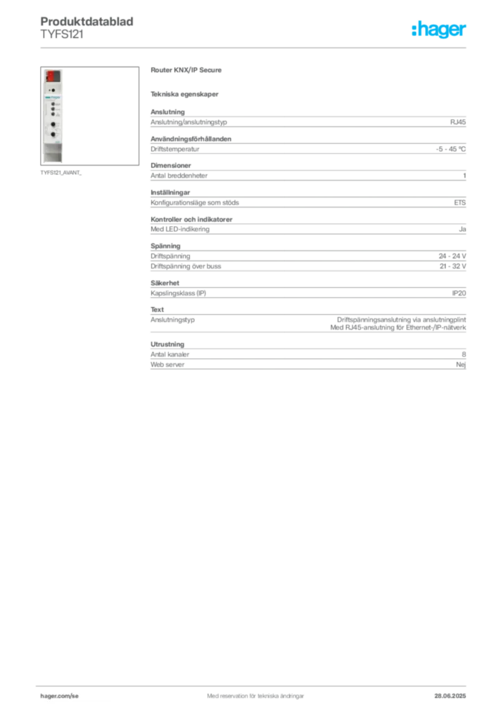 Bild Hager Produktdatablad TYFS121 | Hager Sverige