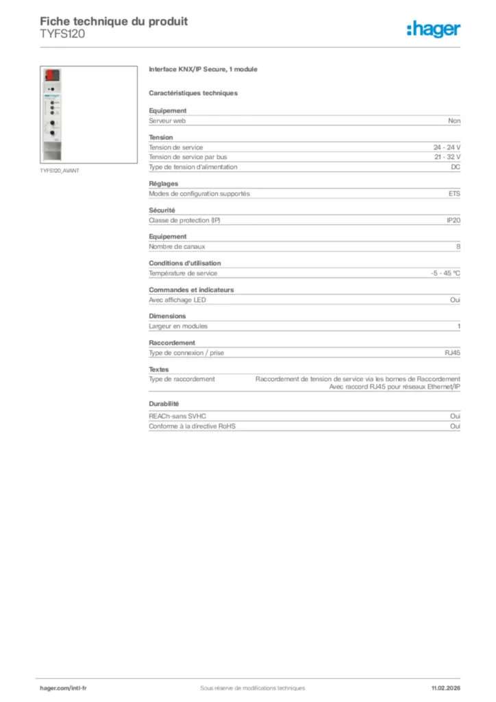 Image Hager Fiche technique du produit TYFS120 | Hager Afrique