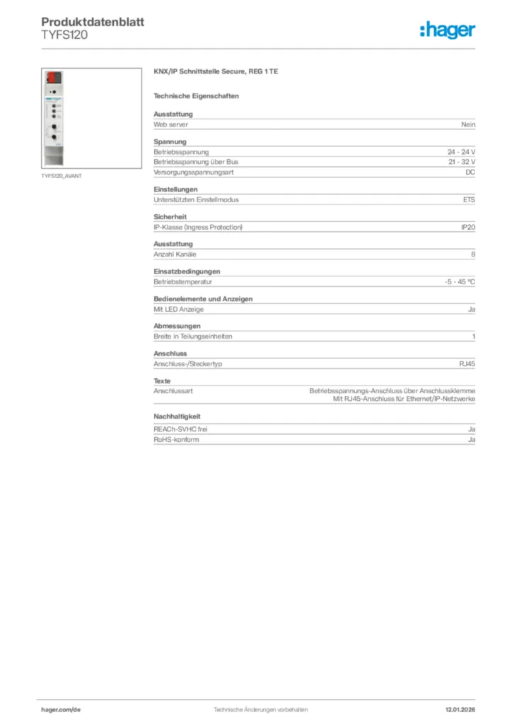 Bild Hager Produktdatenblatt TYFS120 | Hager Deutschland