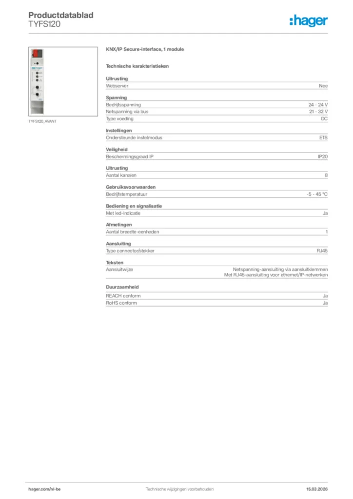Afbeelding Hager Productdatablad TYFS120 | Hager Belgium