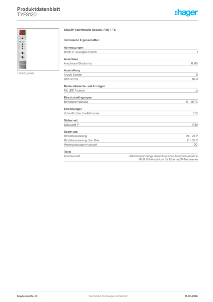 Bild Hager Produktdatenblatt TYFS120 | Hager Schweiz