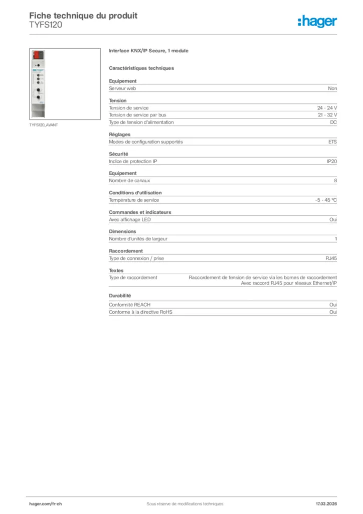 Image Hager Fiche technique du produit TYFS120 | Hager Suisse