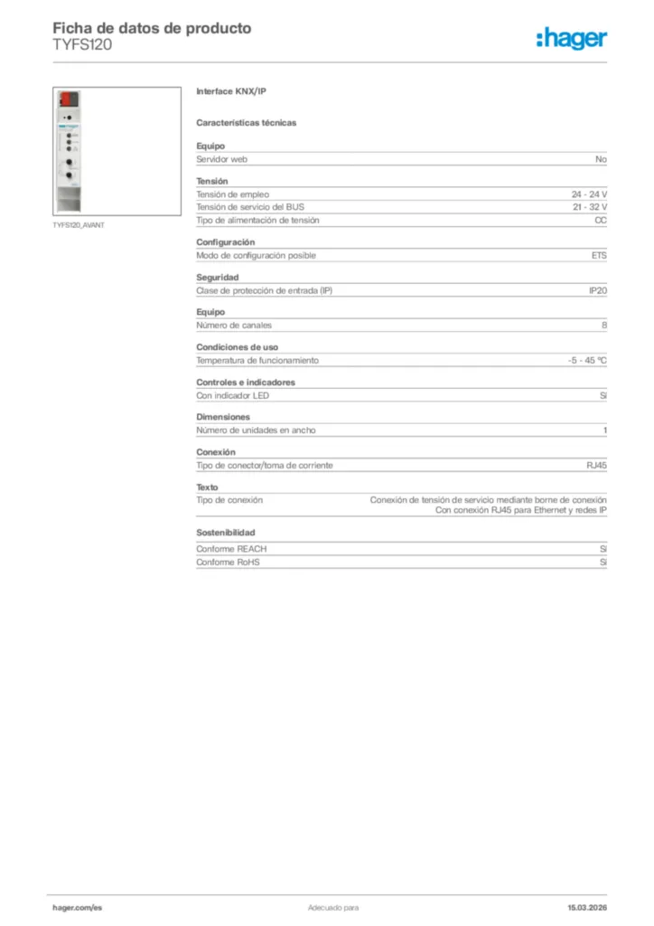 Imagen Hager Ficha de datos de producto TYFS120 | Hager España