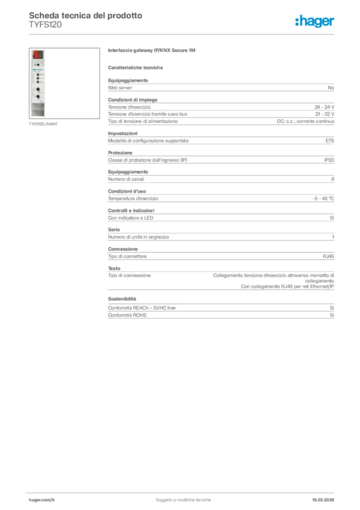 Immagine Hager Scheda tecnica del prodotto TYFS120 | Hager Italia