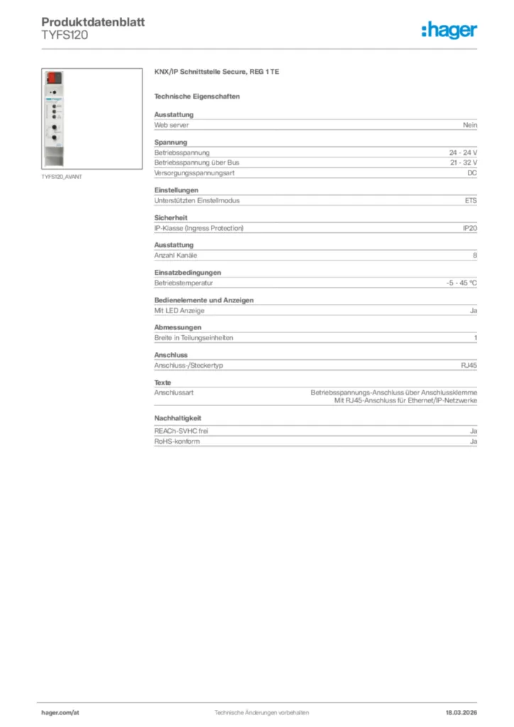 Bild Hager Produktdatenblatt TYFS120 | Hager Deutschland