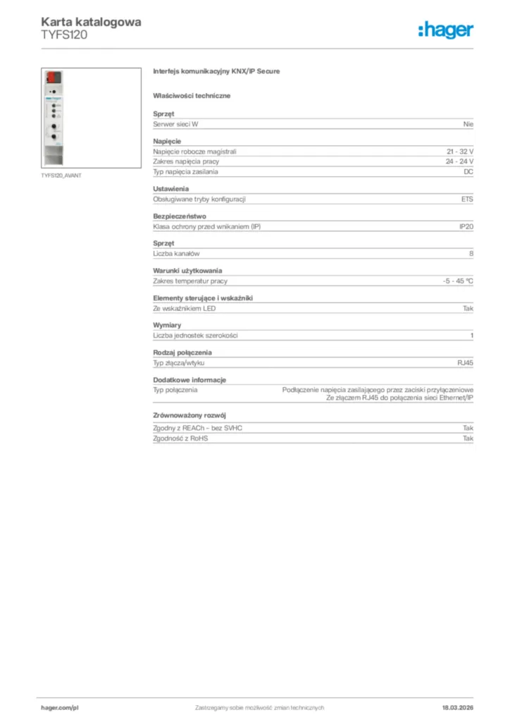 Zdjęcie Hager Karta katalogowa TYFS120 | Hager Polska