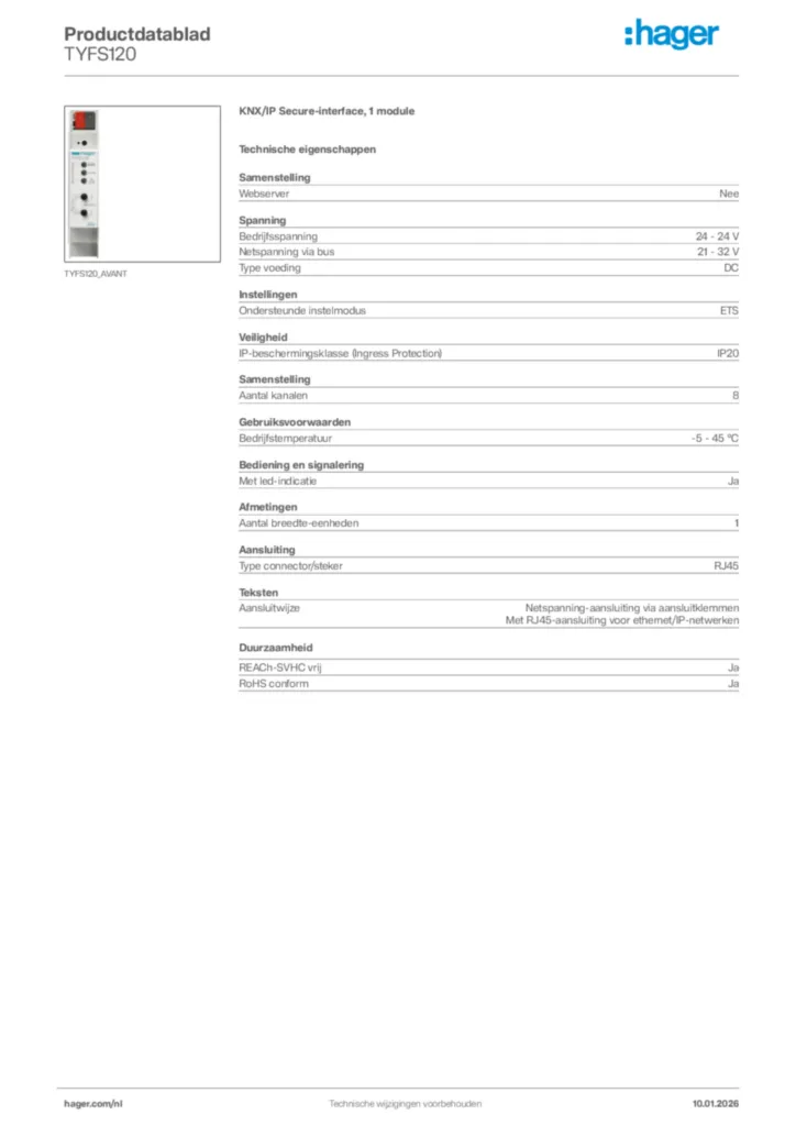 Afbeelding Hager Productdatablad TYFS120 | Hager Nederland