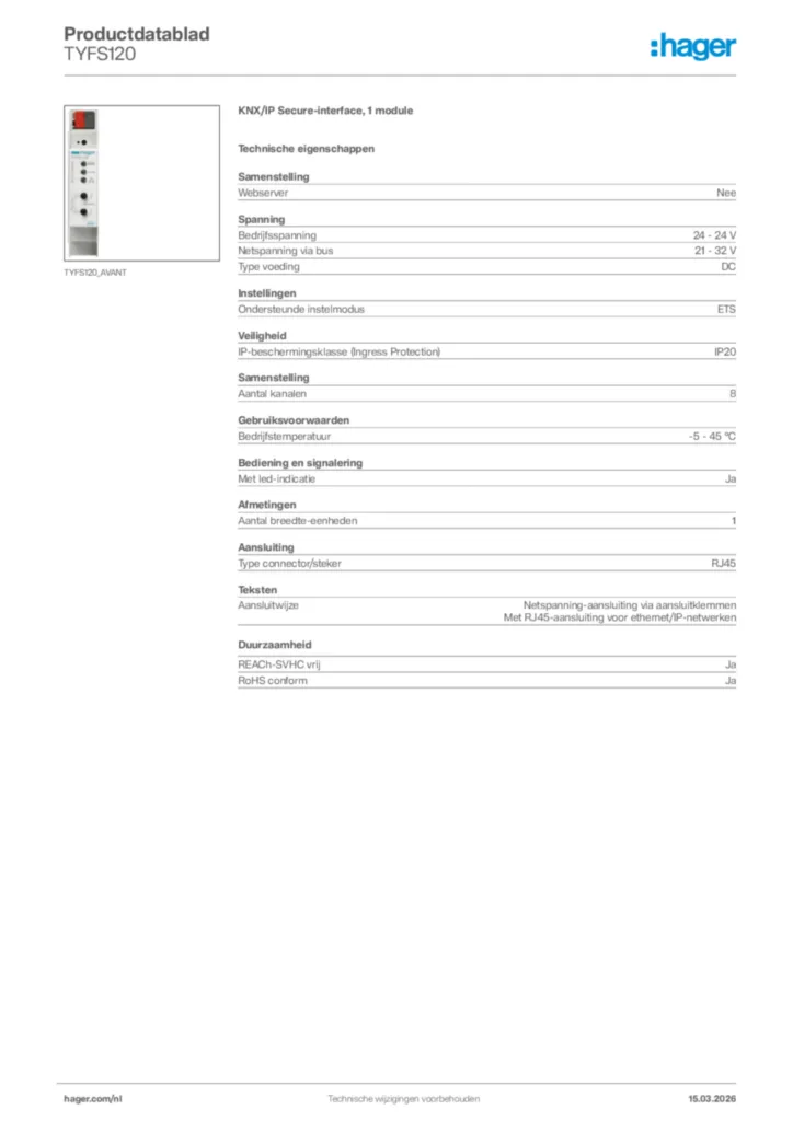 Afbeelding Hager Productdatablad TYFS120 | Hager Nederland