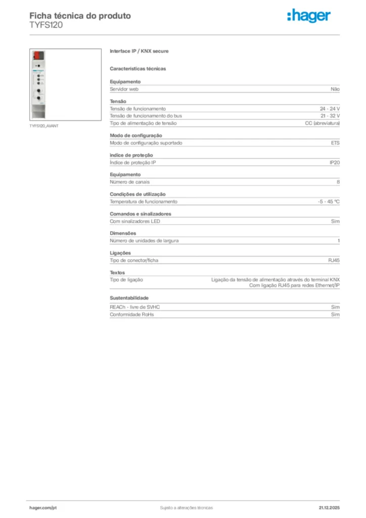 Imagem Hager Ficha técnica do produto TYFS120 | Hager Portugal
