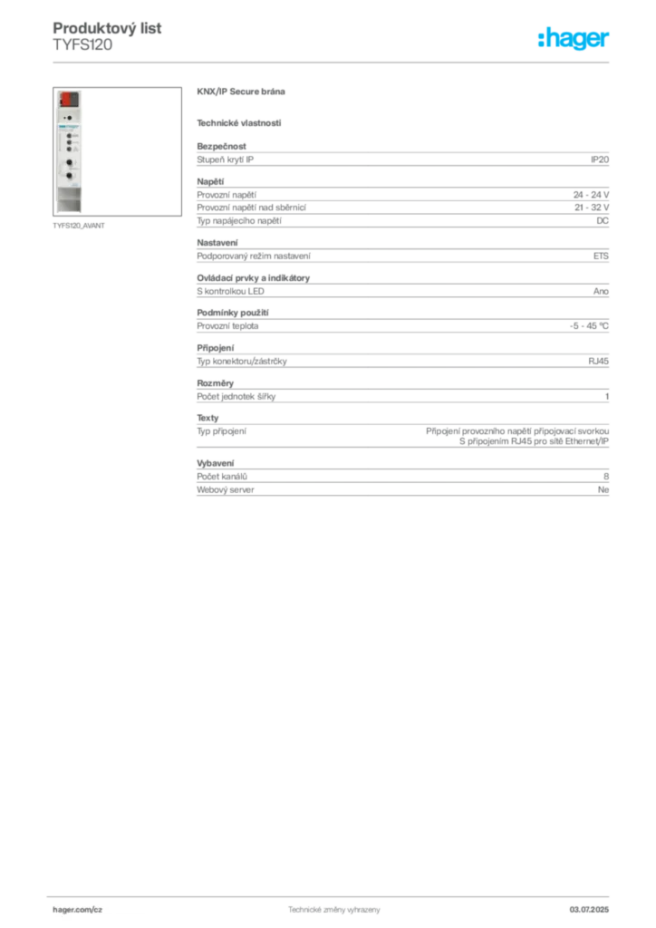 Obrázek Hager Produktový list TYFS120 | Hager