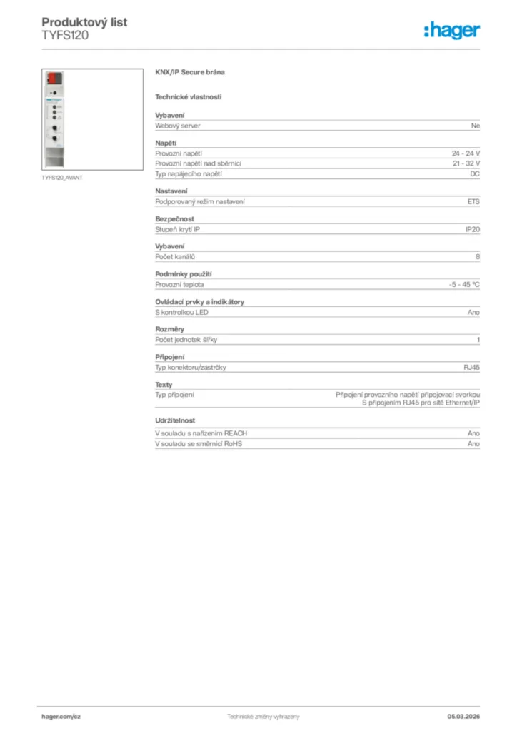 Obrázek Hager Product data sheet TYFS120 | Hager