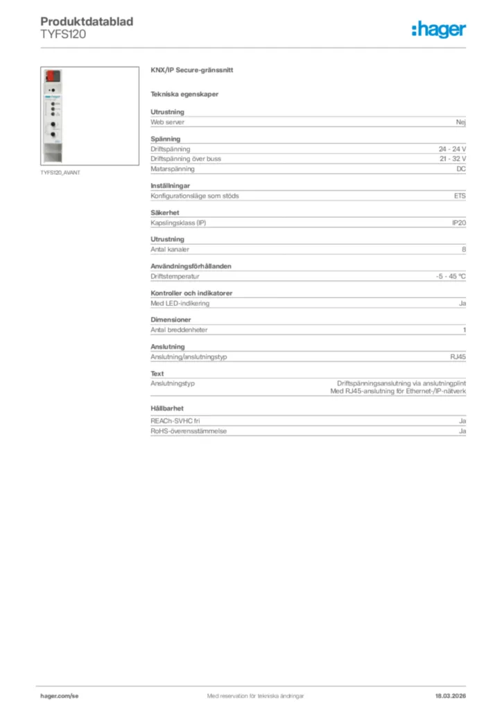 Bild Hager Produktdatablad TYFS120 | Hager Sverige