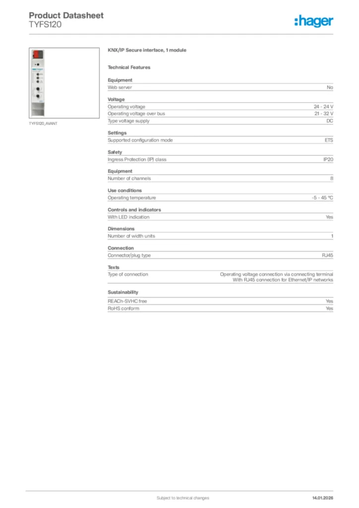 Image Hager Product data sheet TYFS120  | Hager