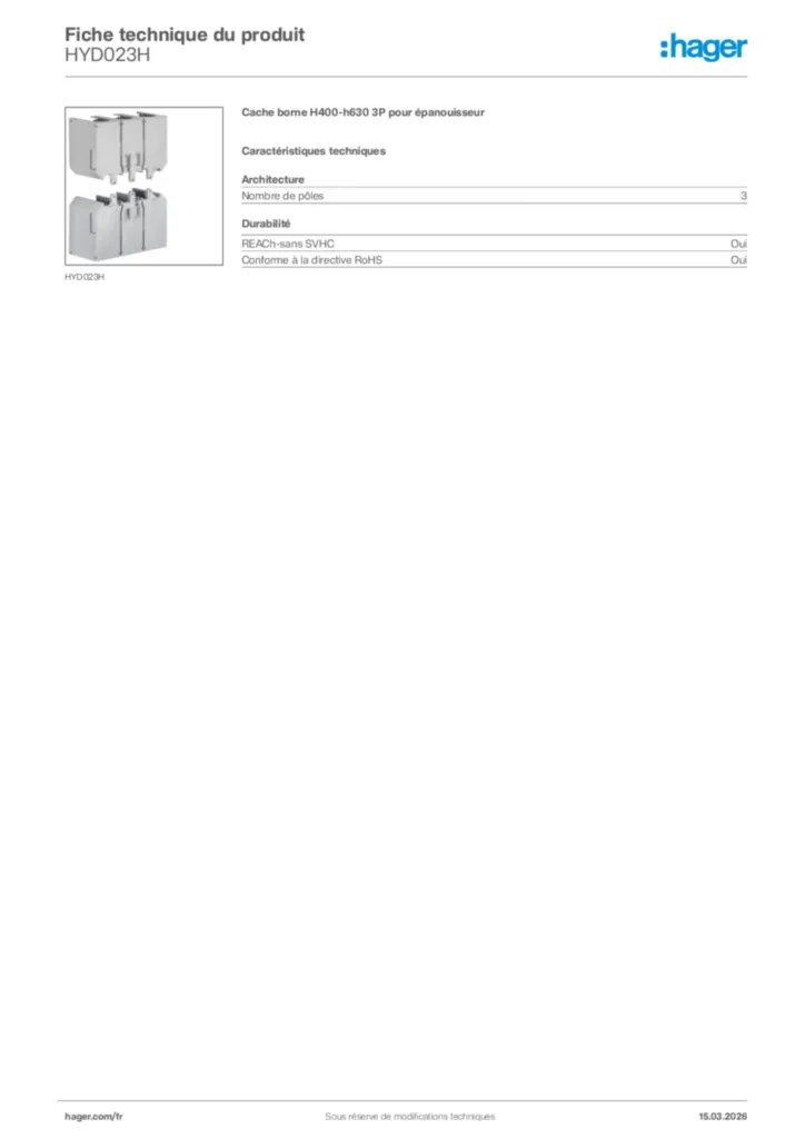 Image Hager Fiche technique du produit HYD023H | Hager France