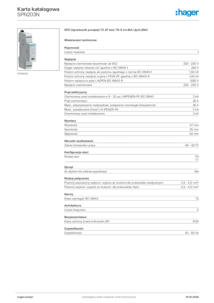 Zdjęcie Hager Karta katalogowa SPN203N | Hager Polska
