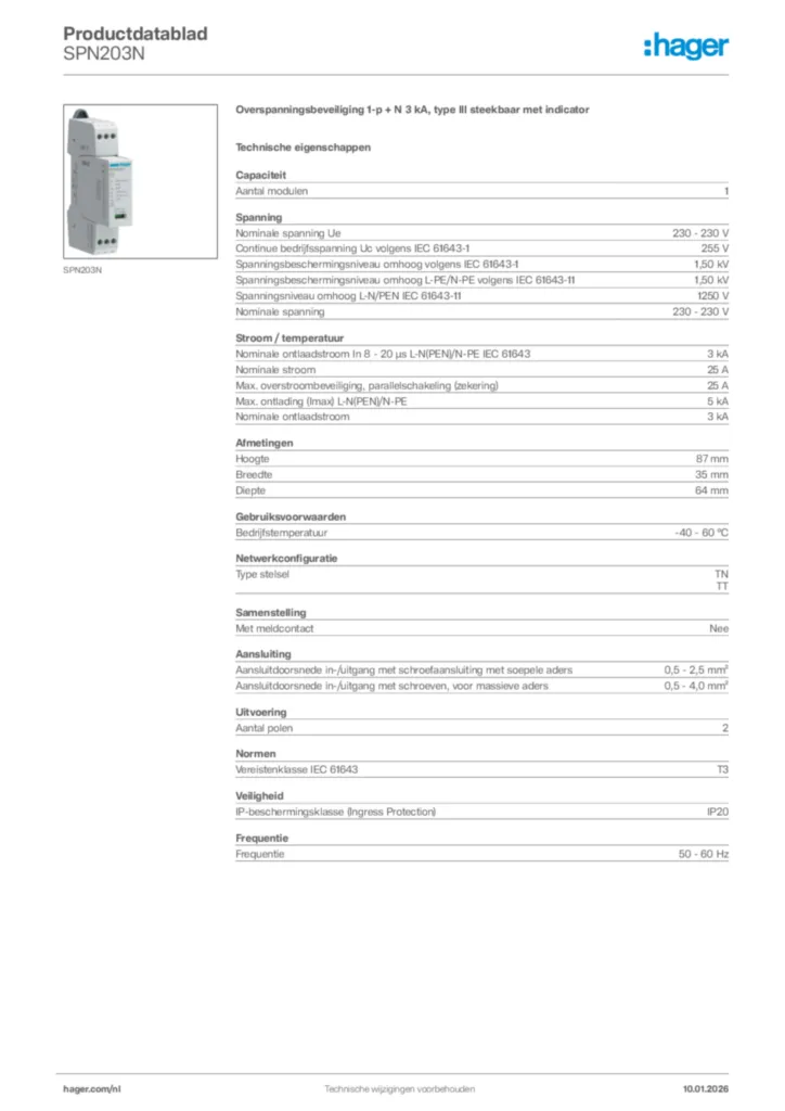 Afbeelding Hager Productdatablad SPN203N | Hager Nederland